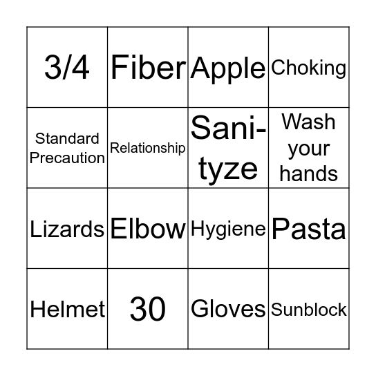 Health Safety Nutrition! Bingo Card