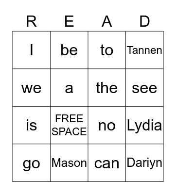 I CAN READ! Bingo Card