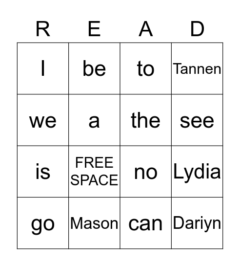 I CAN READ! Bingo Card