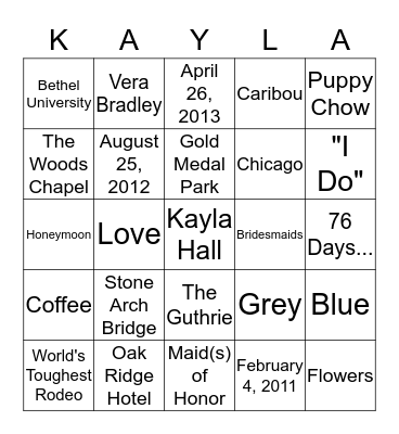 Bridal Bingo Card