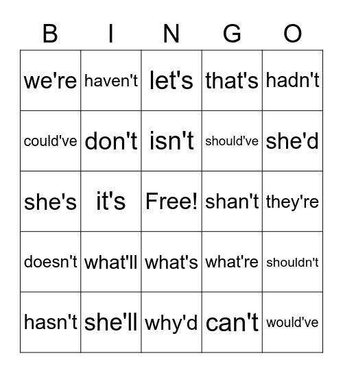 CONTRACTIONS Bingo Card