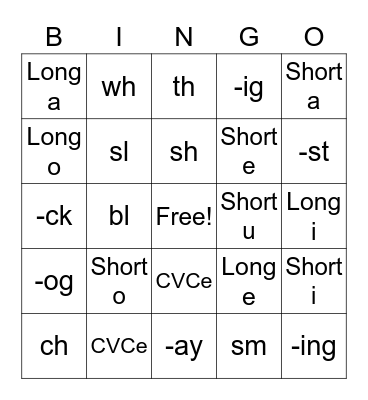 Phonics Patterns Bingo Card