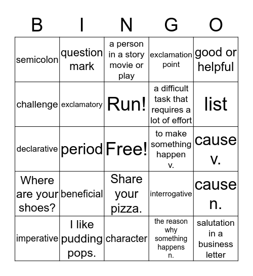 Unit 3 Vocabulary, End Punctuation Bingo Card