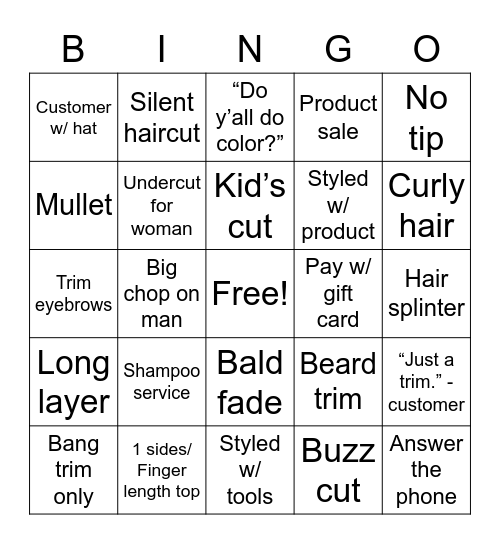 Hairstylist Bingo Card