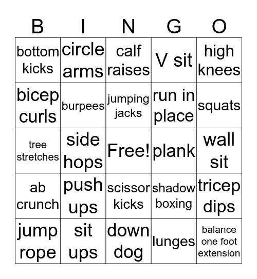 Fitness Bingo Card