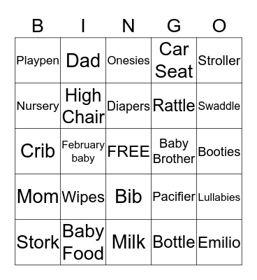 Emilio's Baby Shower Bingo Card