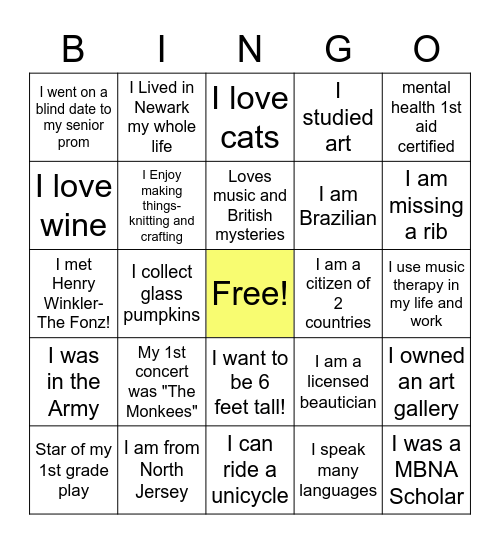 Something You May Not Know About Me! Bingo Card