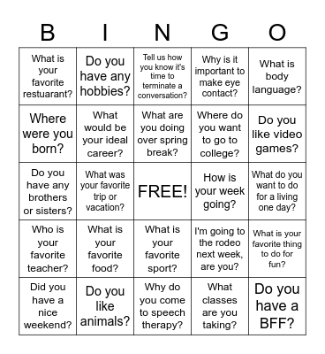Conversation Bingo Card