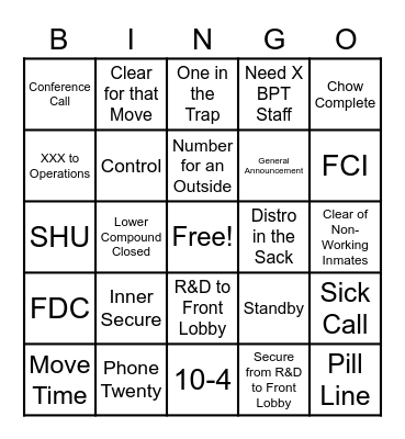 Correctional Bingo Card