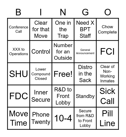 Correctional Bingo Card