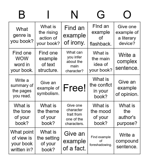 Reading Response Bingo Card