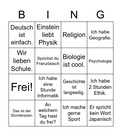 Schulfächer Bingo Card