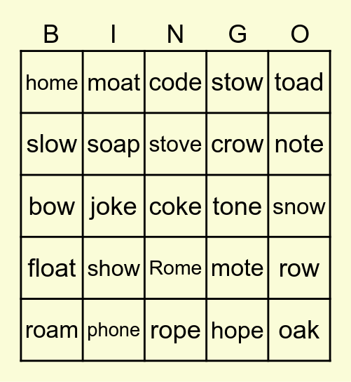 Long O Bingo Card