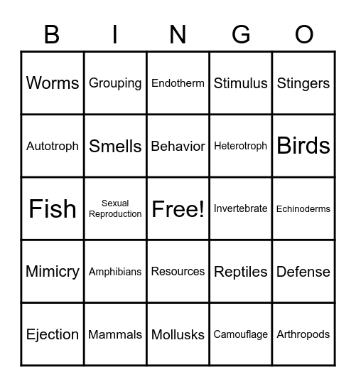 Animals and Plants Unit Bingo Card