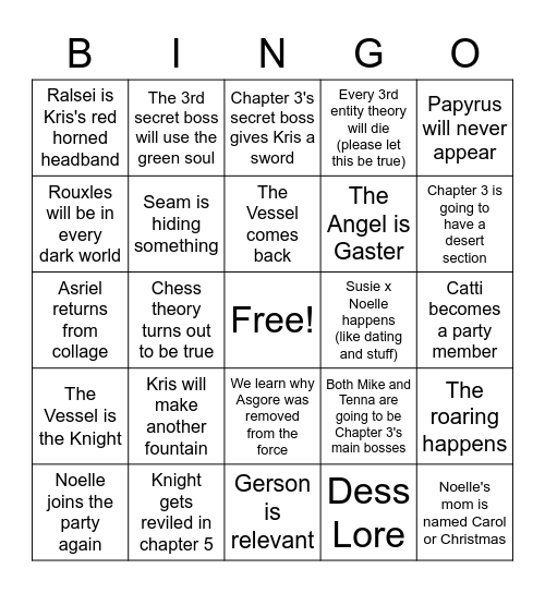 Deltarune Bingo Card