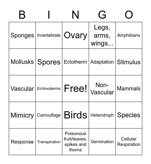 Plants and Animals Bingo Card