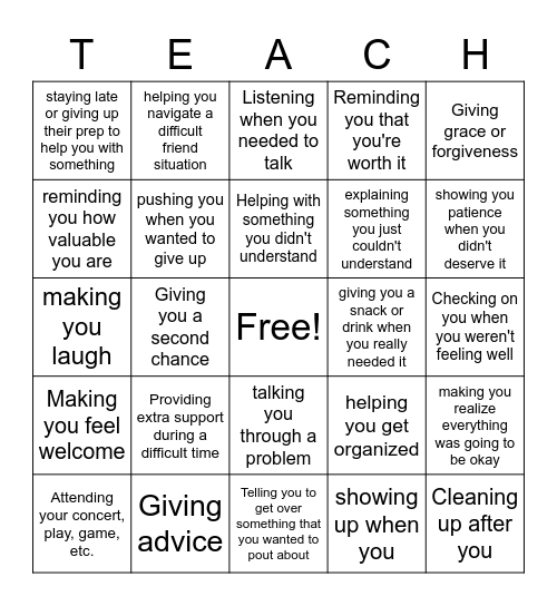 Teacher Appreciation Cards Bingo Card