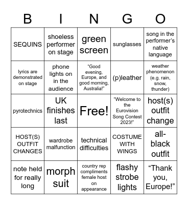 Eurovision Bingo Card