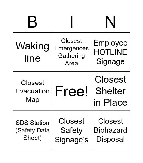 Safety Bingo Card