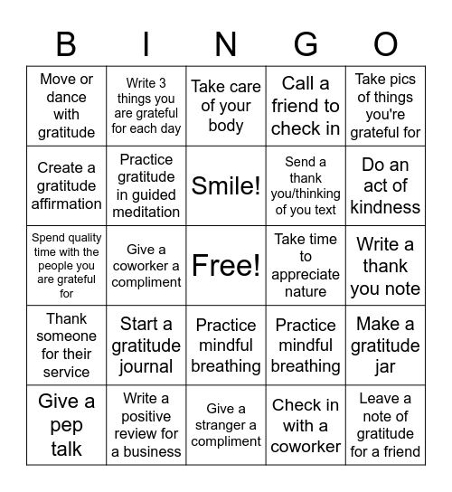 Gratitude Bingo Card