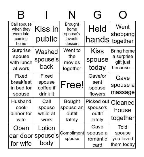 Marriage Bingo Card