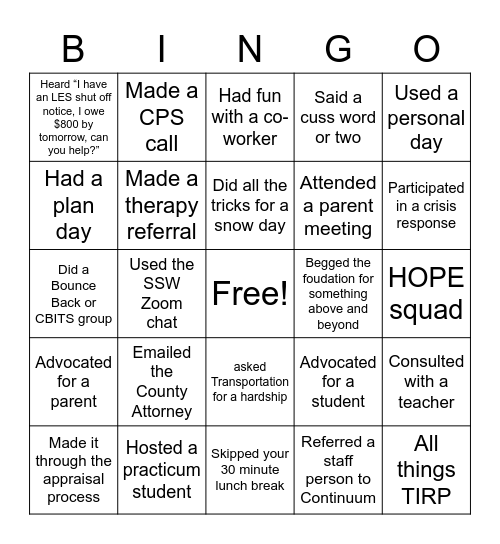 A Day in the Life of a School Social Worker Bingo Card