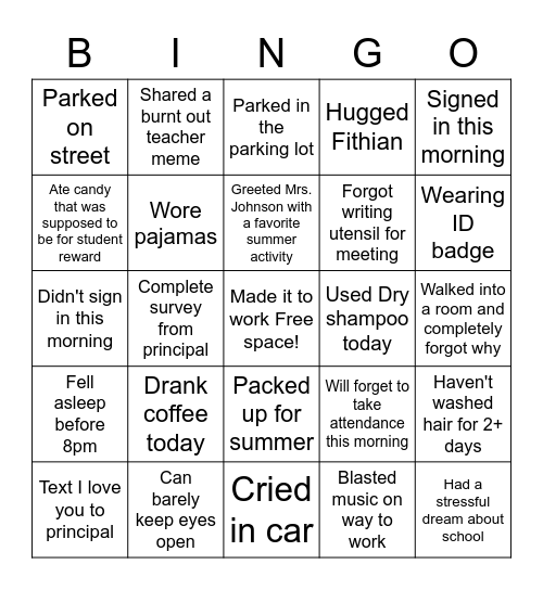 End of Year Staff Meeting Bingo Card