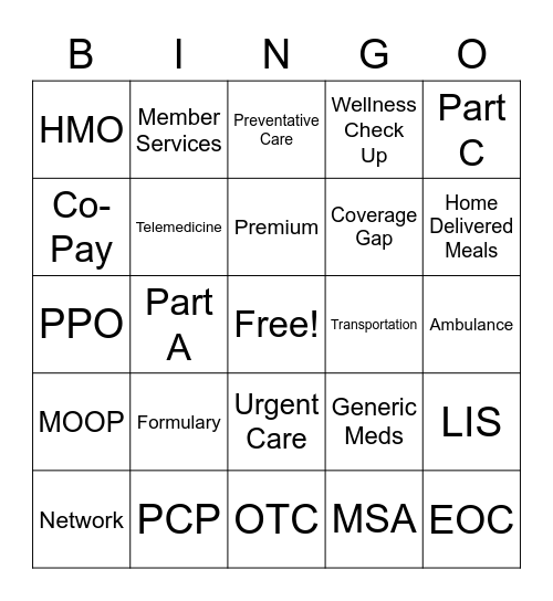 Medicare Bingo Card