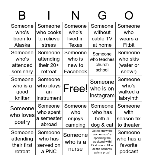 Women's Retreat 2016 Bingo Card