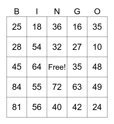 Multiplication Bingo Card