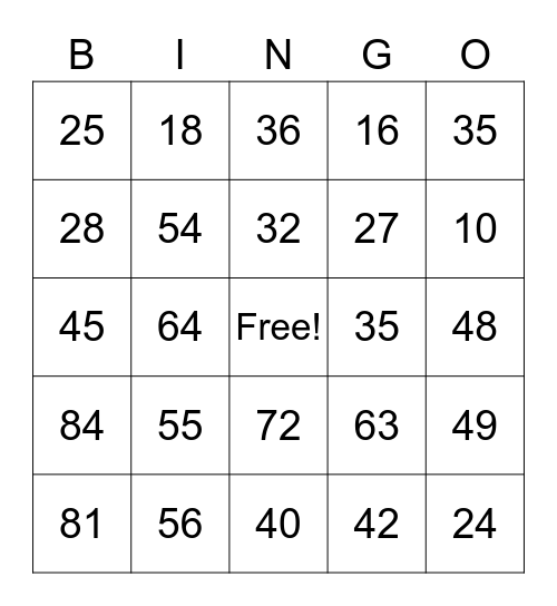 Multiplication Bingo Card