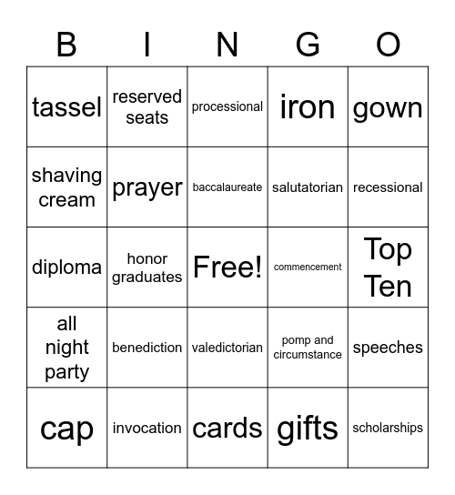 Graduation Bingo Card