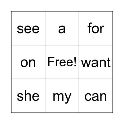 Sight Words Bingo Card