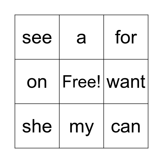 Sight Words Bingo Card