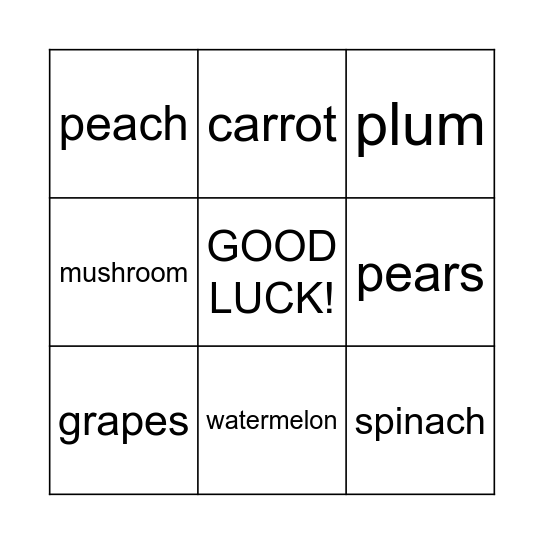 FRUITS AND VEGETABLES Bingo Card