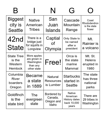 Washington State Bingo Card