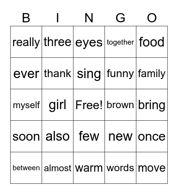 Sight word Bingo Card
