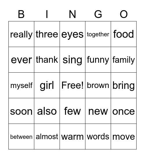 Sight word Bingo Card