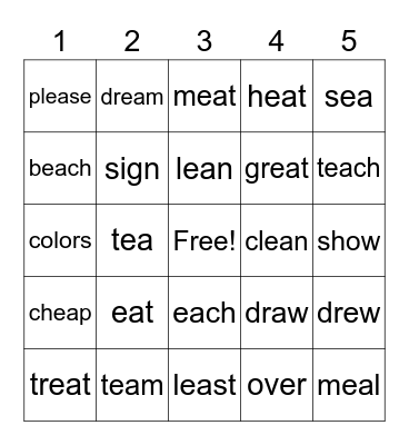 EA words Bingo Card