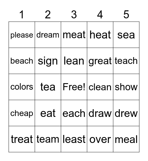 EA words Bingo Card