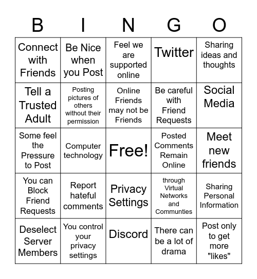 Social Media Awareness Bingo Card