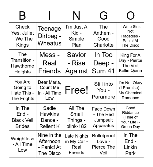 Emo Bingo Card