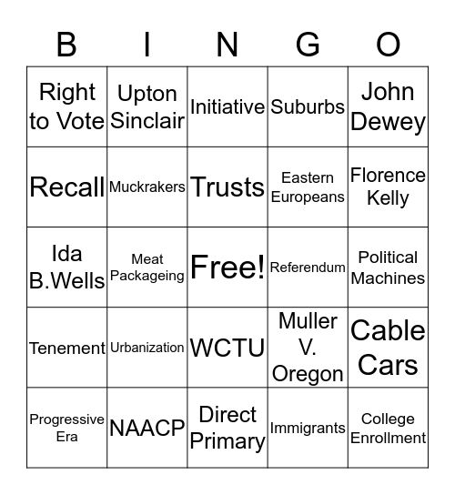 Progressive Era Bingo Card