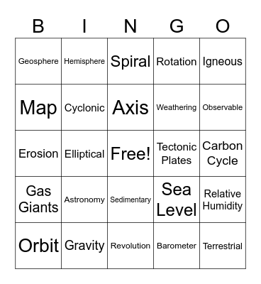Earth Science Review Bingo Card