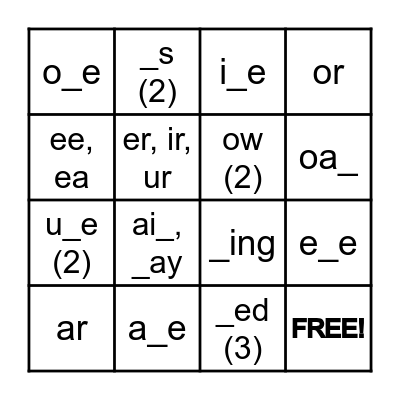 Extension Sounds #6-25 Bingo Card