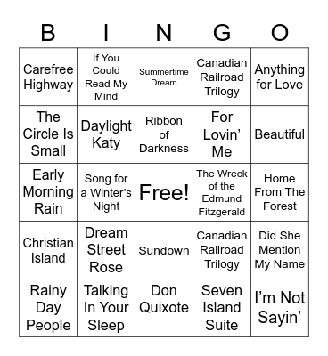 Gordon Lightfoot Bingo Card