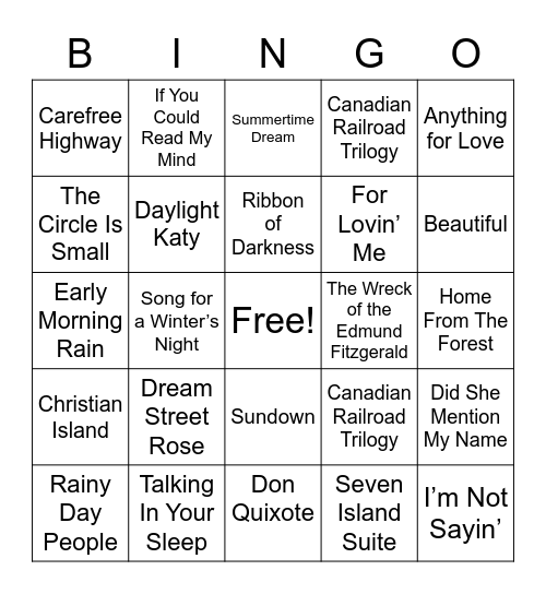Gordon Lightfoot Bingo Card