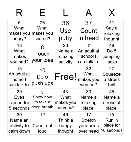 Relaxation Bingo Card