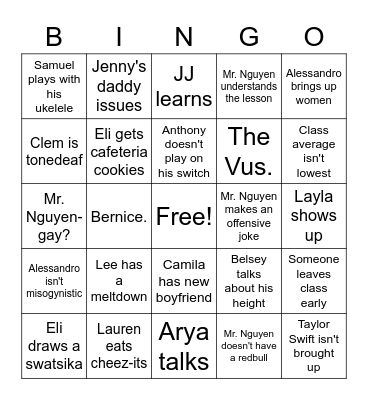 4th Period Bingo Card