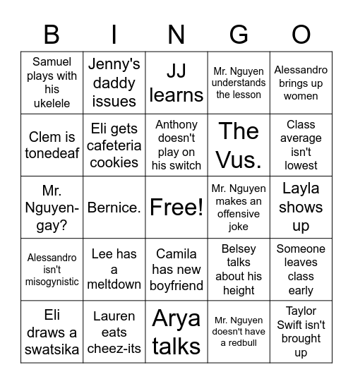 4th Period Bingo Card